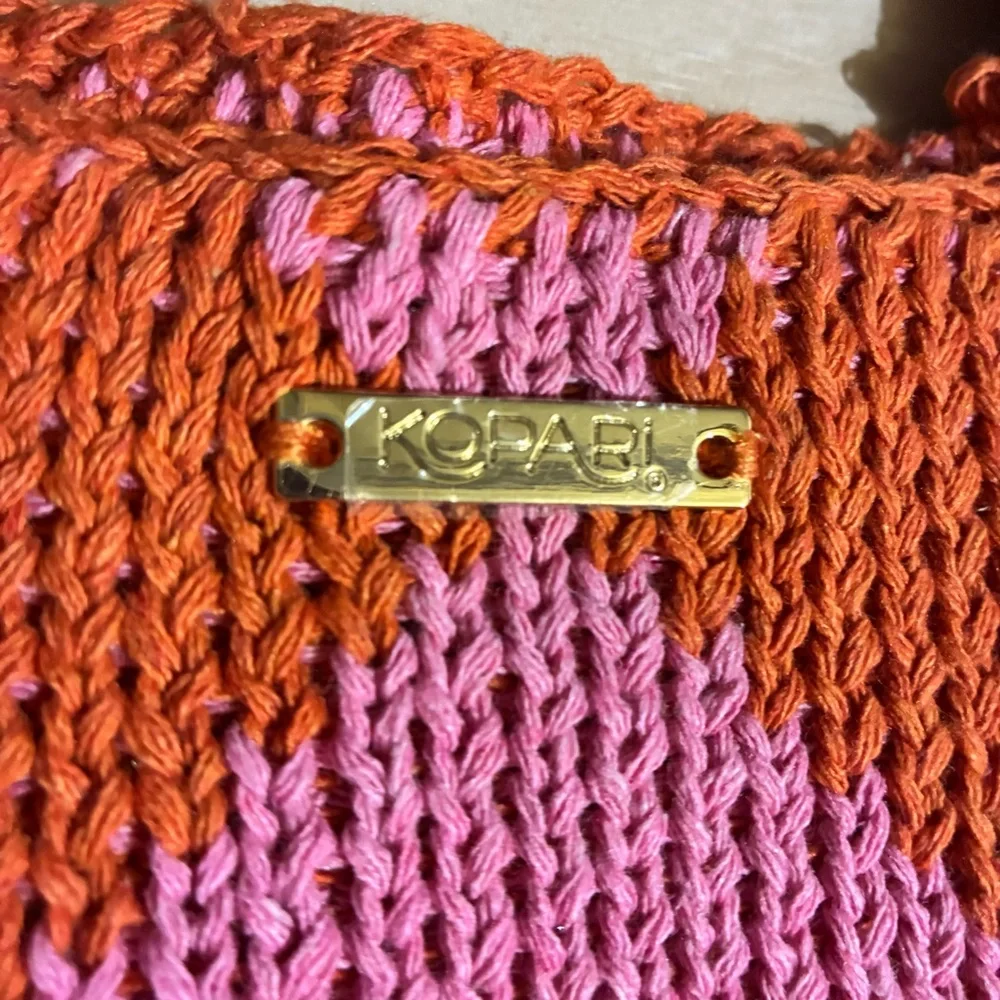 Kopari Knit Bag Crochet Circle Handbag Purse Woven Argyle 16x14 Pink/Orange Boho